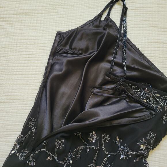 Vintage 90s Scala Sz L Black Silk OneShoulder Asymmetrical Beaded Y2K Midi Dress - Picture 9 of 10